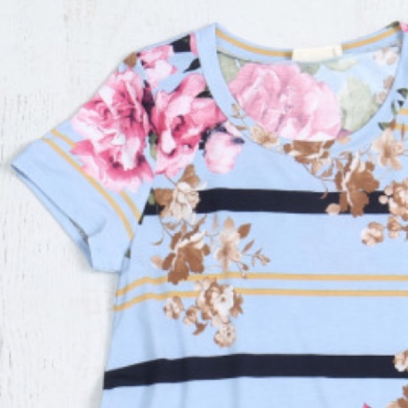 BLUE FLORAL + stripe PRINT ROUND peplum tunic top, CUTE! New - Picture 3 of 7